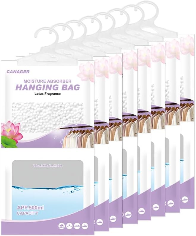 CANAGER Hanging Moisture Absorber, Lotus Fragrance Moistureproof Hanging Bag, Dehumidifier Bag (8 packs) Hanging Closet Dehumidifier Bags, Moisture Absorb 12.5 oz. - Image 1